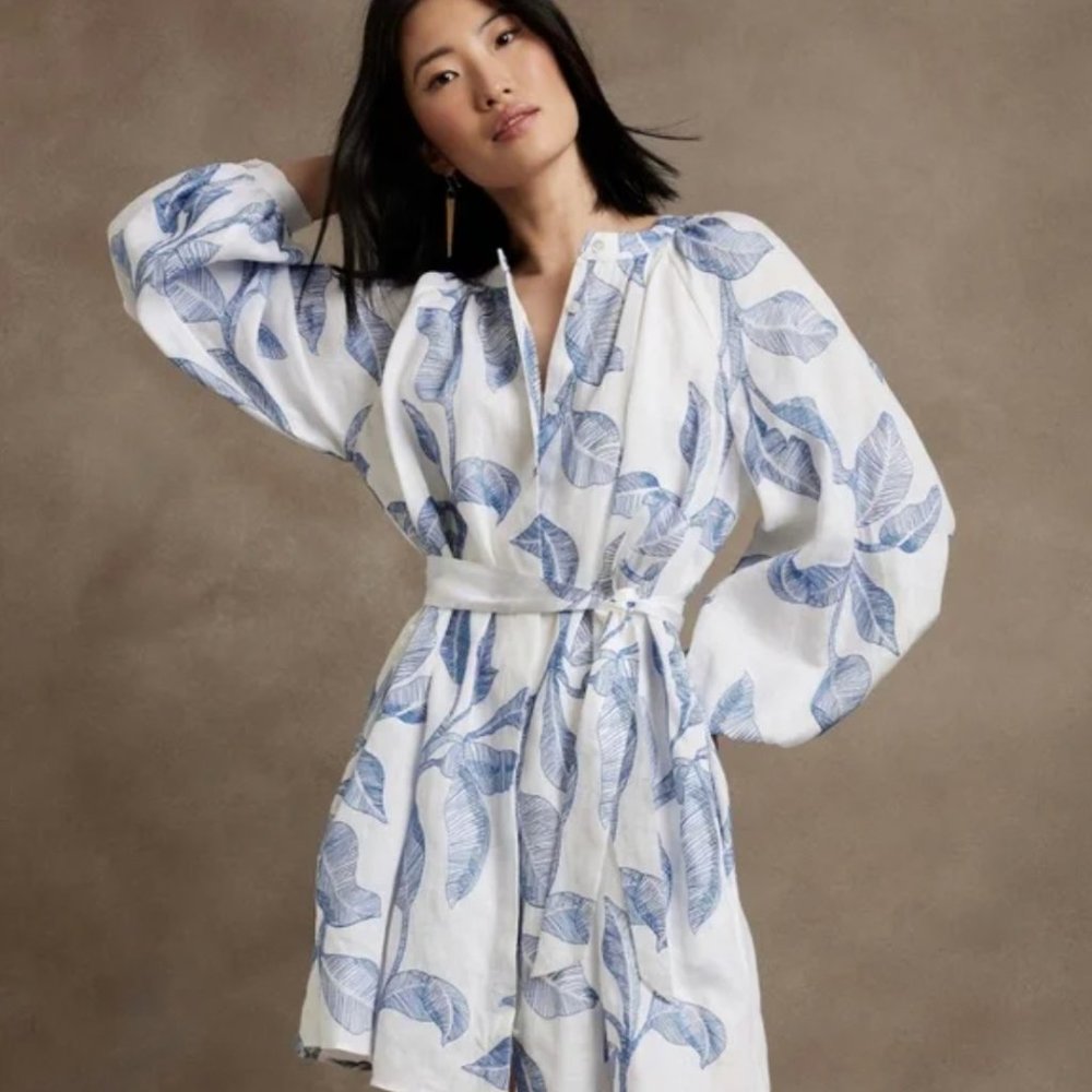BANANA REPUBLIC EMBROIDERED SHIRT DRESS WHITE AND BLUE FLORAL NEW XS.
